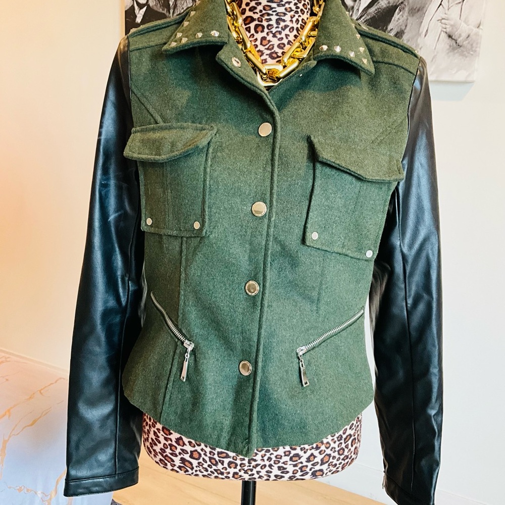 Spiked Military Green Jacket - Picture 9 of 10